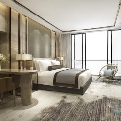3d rendering luxury classic modern bedroom suite in hotel